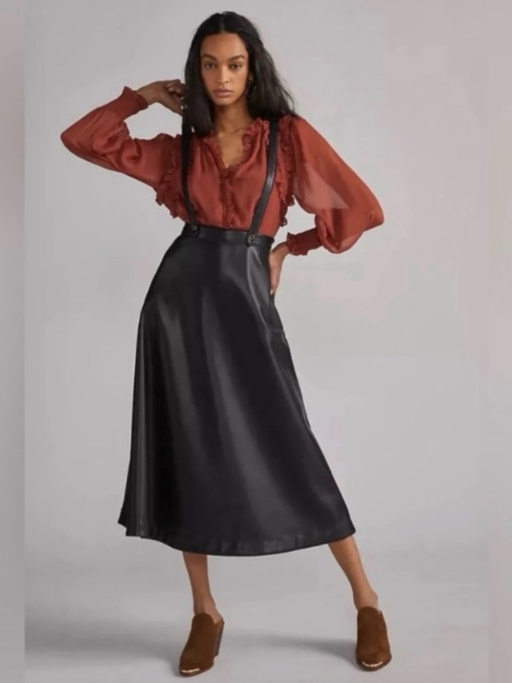 Anthropologie Black Faux Leather Pinafore Midi Dress with Cross-Back Straps